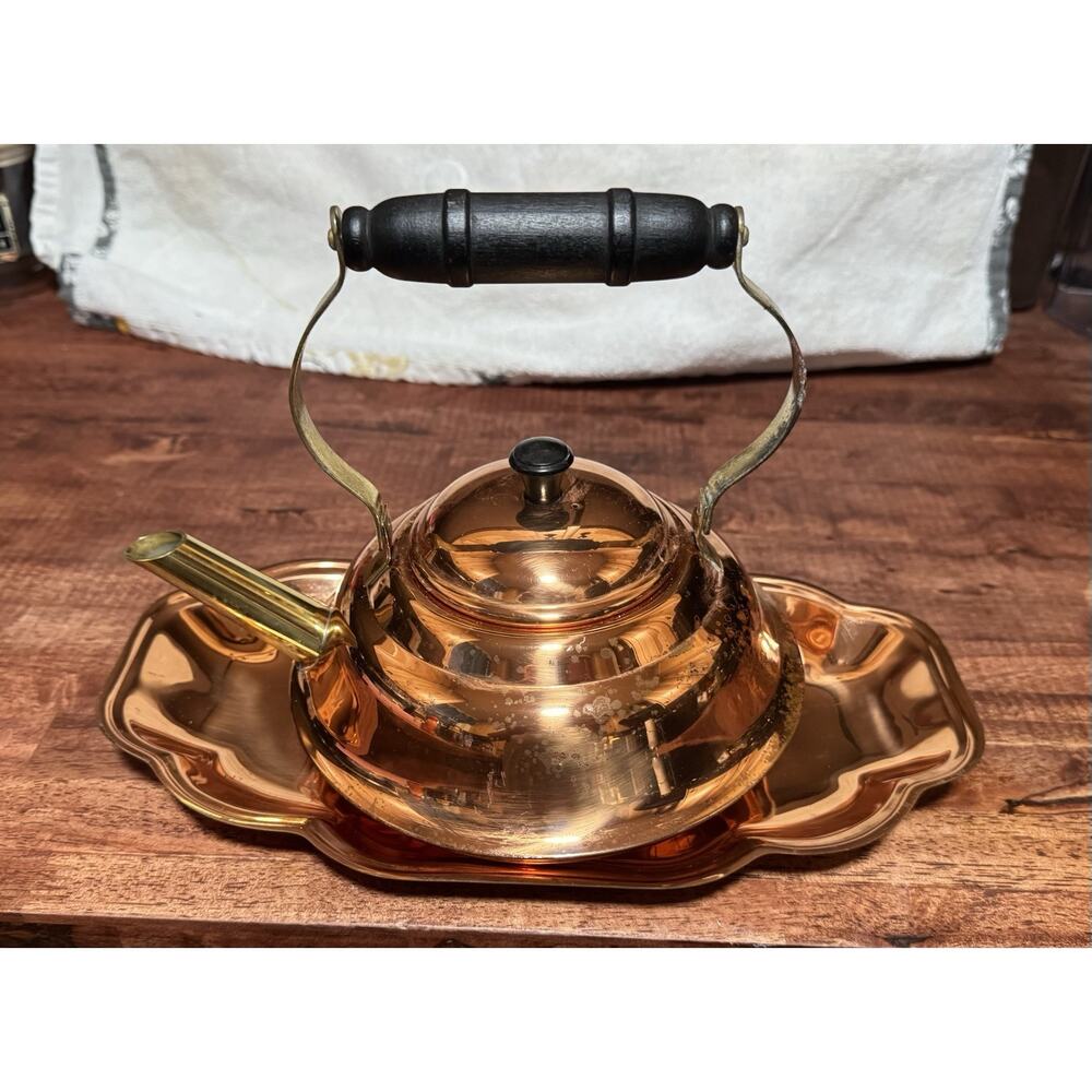 Vintage Copper Tea Pot/Kettle Coppercraft Guild + Scalloped Copper Tray